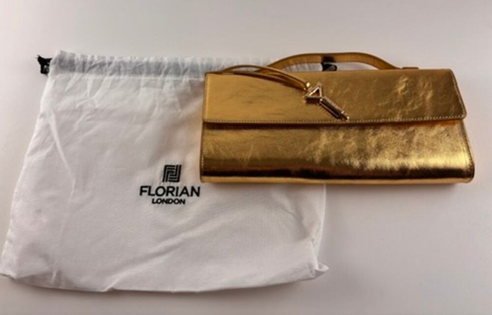 Florian London Gold Metallic Leather Clutch Evening Bag Wristlet Dust Bag